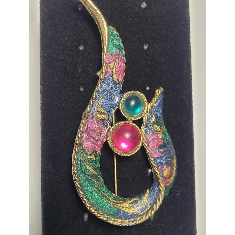 Vintage Retro 1980's Gold Tone, Multicolor Swirl Enamel Brooch Magenta Green